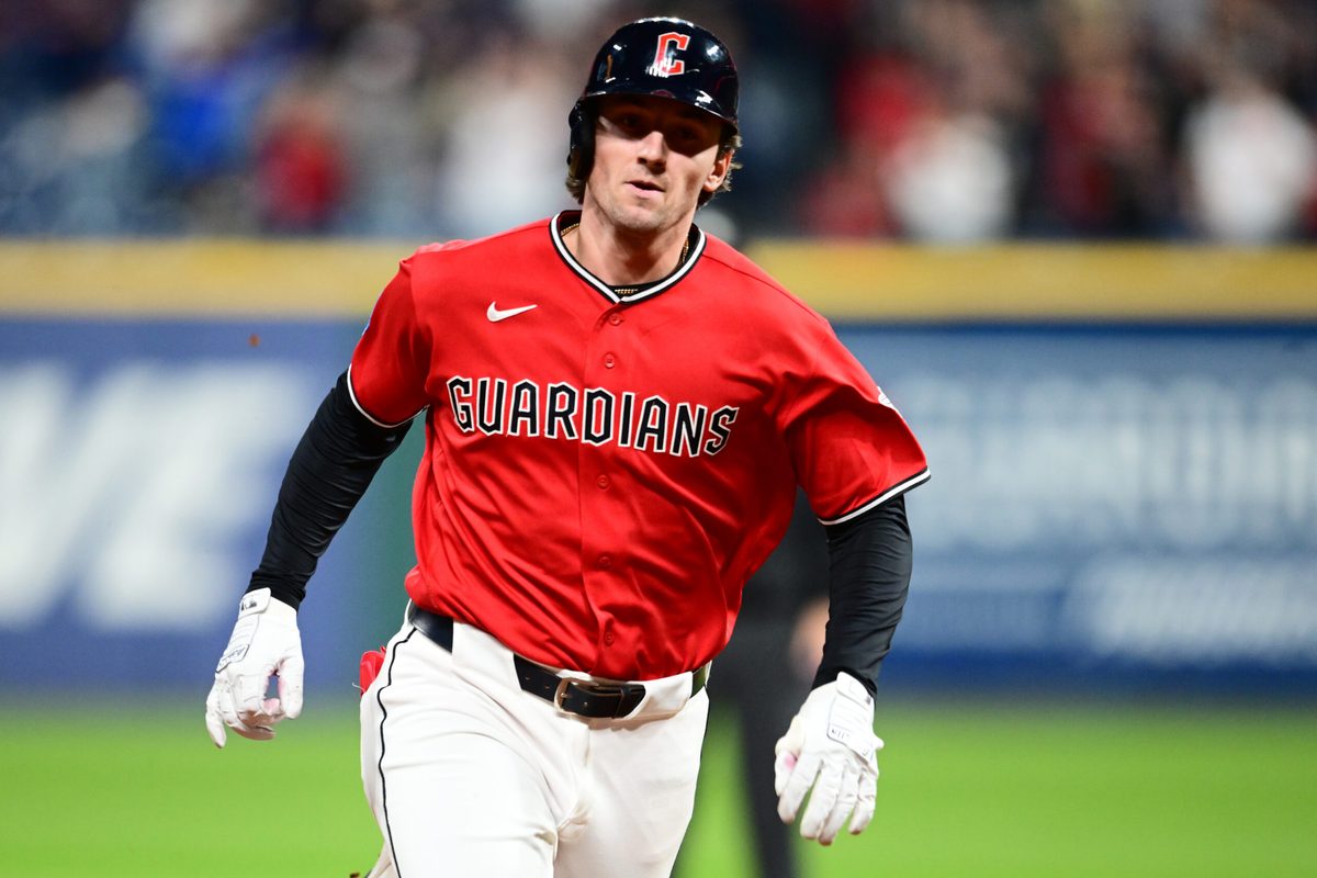 Apr 21, 2026; Cleveland, Ohio, USA; Cleveland Guardians designated hitter Chase DeLauter (24) runs to third base with an RBI triple during the eighth inning against the Houston Astros at Progressive Field. Mandatory Credit: Ken Blaze-Imagn Images