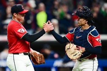 Apr 21, 2026; Cleveland, Ohio, USA; Cleveland Guardians relief pitcher Cade Smith (36) celebrates with catcher Bo Naylor (23) after the Guardians beat the Houston Astros at Progressive Field. Mandatory Credit: Ken Blaze-Imagn Images