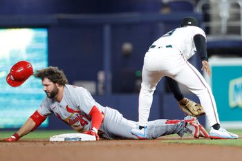 Apr 21, 2026; Miami, Florida, USA;  St. Louis Cardinals first baseman Alec Burleson (41) slides into second base against the Miami Marlins during the first inning at loanDepot Park. Mandatory Credit: Rhona Wise-Imagn Images
