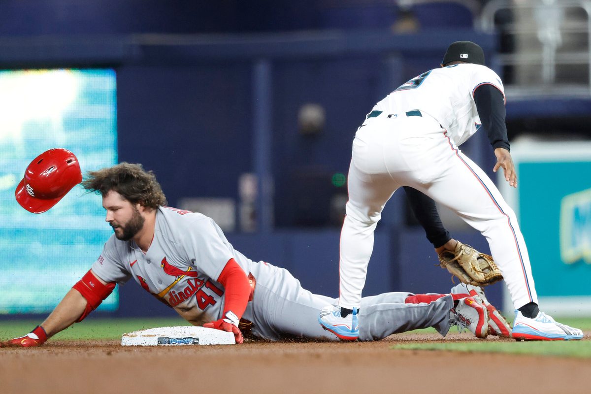 Apr 21, 2026; Miami, Florida, USA; St. Louis Cardinals first baseman Alec Burleson (41) slides into second base against the Miami Marlins during the first inning at loanDepot Park. Mandatory Credit: Rhona Wise-Imagn Images
