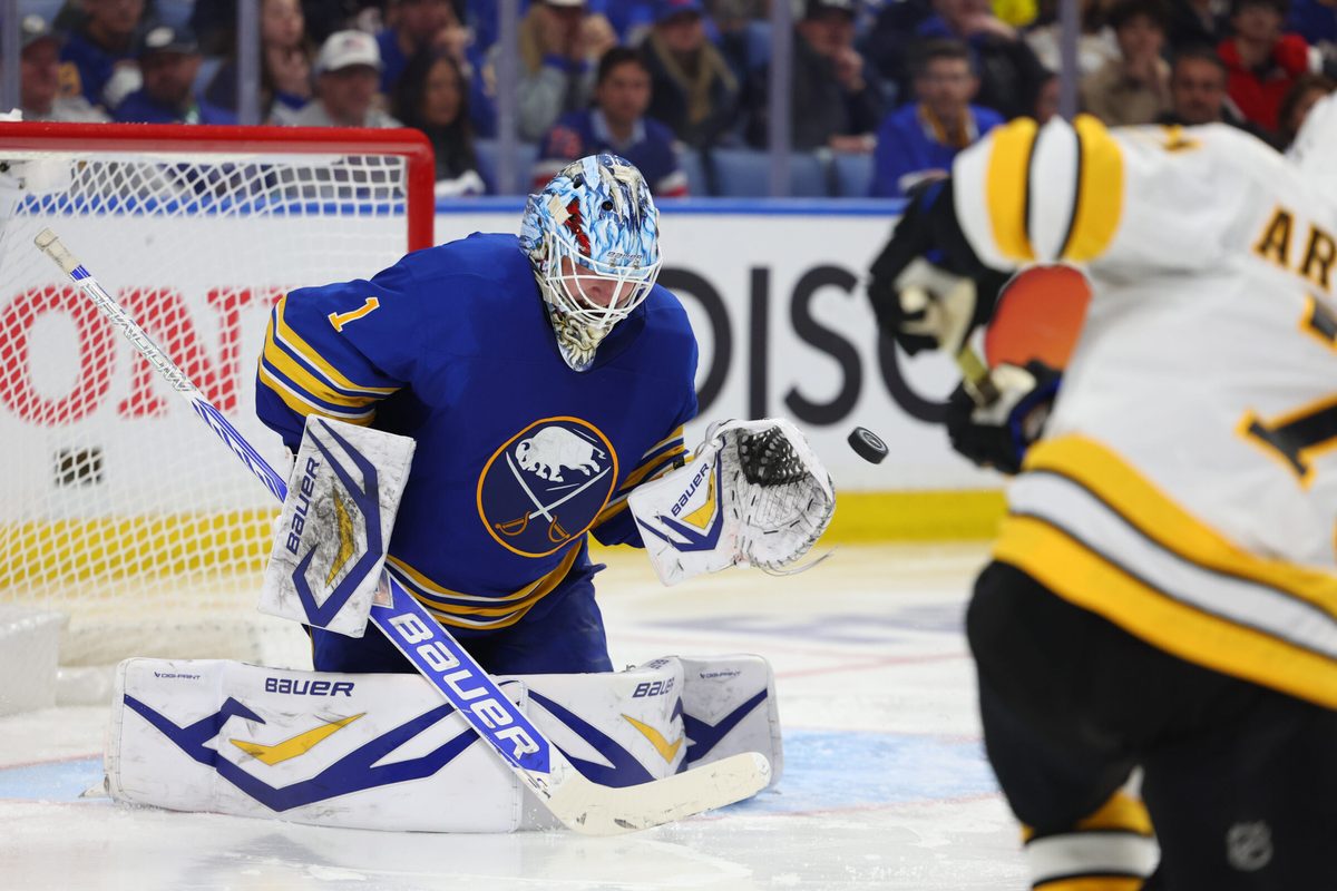 Apr 21, 2026; Buffalo, New York, USA; Boston Bruins left wing Viktor Arvidsson (71) scores a goal on Buffalo Sabres goaltender Ukko-Pekka Luukkonen (1) during the third period in game two of the first round of the 2026 Stanley Cup Playoffs at KeyBank Center. Mandatory Credit: Timothy T. Ludwig-Imagn Images