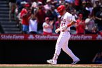 Apr 22, 2026; Anaheim, California, USA; Los Angeles Angels designated hitter Mike Trout (27) scores after hitting a home run during the fifth inning against the Toronto Blue Jays at Angel Stadium. Mandatory Credit: William Liang-Imagn Images