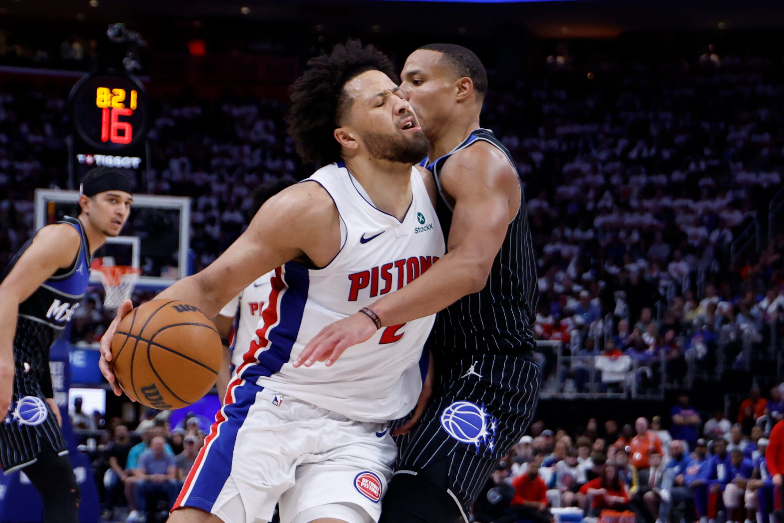 Apr 22, 2026; Detroit, Michigan, USA; Detroit Pistons guard Cade Cunningham (2) is defended by Orlando Magic guard Desmond Bane (3) in the second half during game two of the first round of the 2026 NBA Playoffs at Little Caesars Arena. Mandatory Credit: Rick Osentoski-Imagn Images