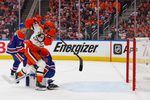 Apr 22, 2026; Edmonton, Alberta, CAN; Anaheim Ducks forward Ryan Poehling (25) tips a shot past Edmonton Oilers goaltender Connor Ingram (39) during the second period in game two of the first round of the 2026 Stanley Cup Playoffs at Rogers Place. Mandatory Credit: Perry Nelson-Imagn Images