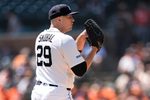 Detroit Tigers pitcher Tarik Skubal (29) throws against Milwaukee Brewers during the first inning at Comerica Park in Detroit on Thursday, April 23, 2026.