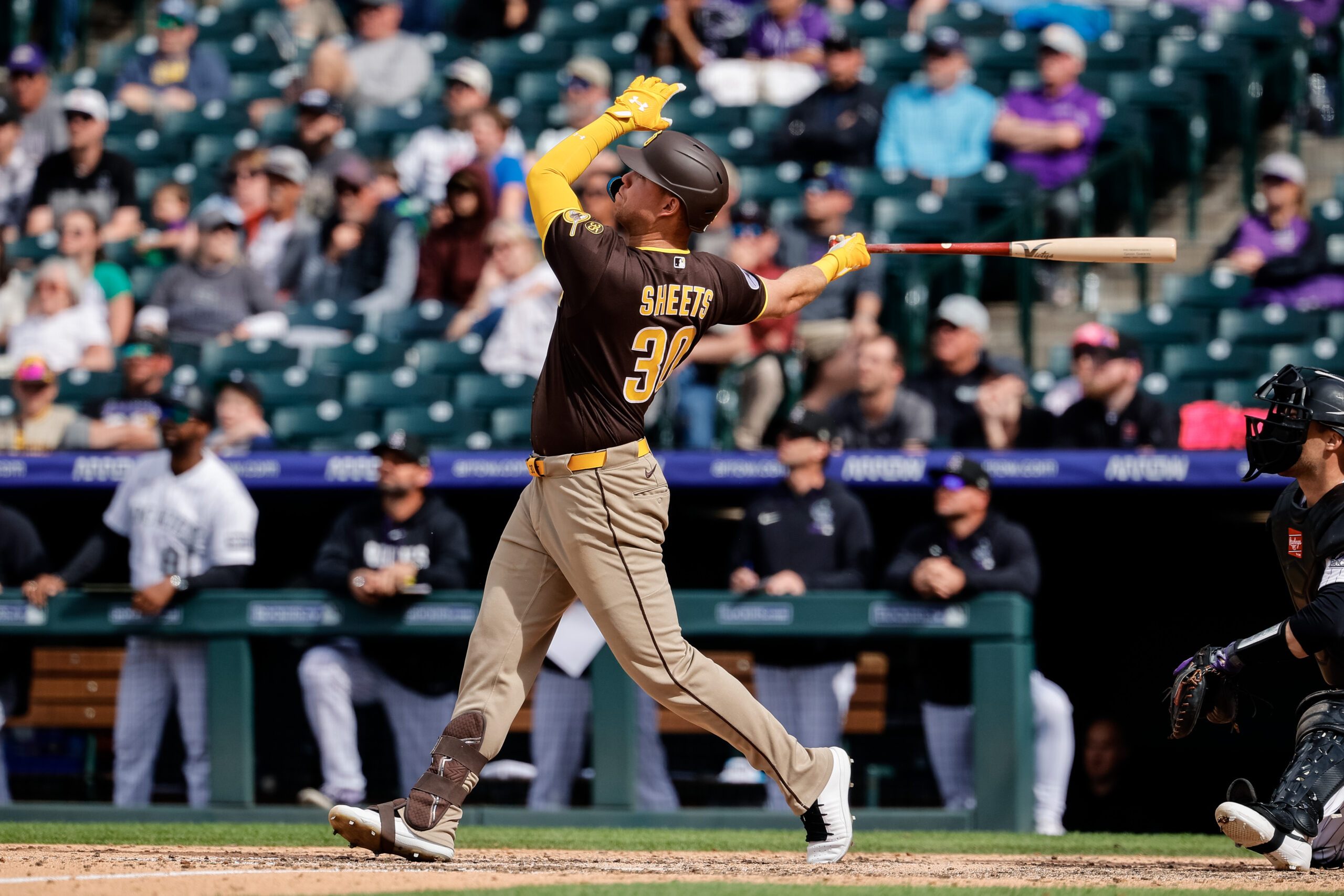 Apr 23, 2026; Denver, Colorado, USA; San Diego Padres first baseman Gavin Sheets (30) hits a three run home run in the ninth inning against the Colorado Rockies at Coors Field. Mandatory Credit: Isaiah J. Downing-Imagn Images