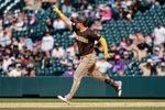 Apr 23, 2026; Denver, Colorado, USA; San Diego Padres first baseman Gavin Sheets (30) rounds the bases on a three run home run in the ninth inning against the Colorado Rockies at Coors Field. Mandatory Credit: Isaiah J. Downing-Imagn Images