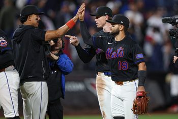 Apr 23, 2026; New York City, New York, USA;  New York Mets shortstop Bo Bichette (19) celebrates with teammates after defeating the Minnesota Twins at Citi Field. Mandatory Credit: Vincent Carchietta-Imagn Images