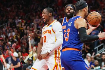 Apr 23, 2026; Atlanta, Georgia, USA; Atlanta Hawks forward Jonathan Kuminga (0) reacts after a basket against the New York Knicks in the fourth quarter during game three of the first round of the 2026 NBA Playoffs at State Farm Arena. Mandatory Credit: Brett Davis-Imagn Images