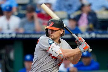 Apr 21, 2026; Kansas City, Missouri, USA; Baltimore Orioles shortstop Gunnar Henderson (2) bats during the second inning against the Kansas City Royals at Kauffman Stadium. Mandatory Credit: Jay Biggerstaff-Imagn Images