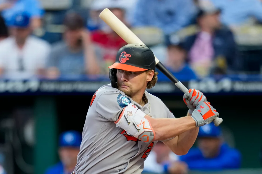 Apr 21, 2026; Kansas City, Missouri, USA; Baltimore Orioles shortstop Gunnar Henderson (2) bats during the second inning against the Kansas City Royals at Kauffman Stadium. Mandatory Credit: Jay Biggerstaff-Imagn Images