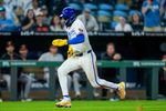 Apr 21, 2026; Kansas City, Missouri, USA; Kansas City Royals third baseman Maikel Garcia (11) scores the game winning run during the ninth inning against the Baltimore Orioles at Kauffman Stadium. Mandatory Credit: Jay Biggerstaff-Imagn Images