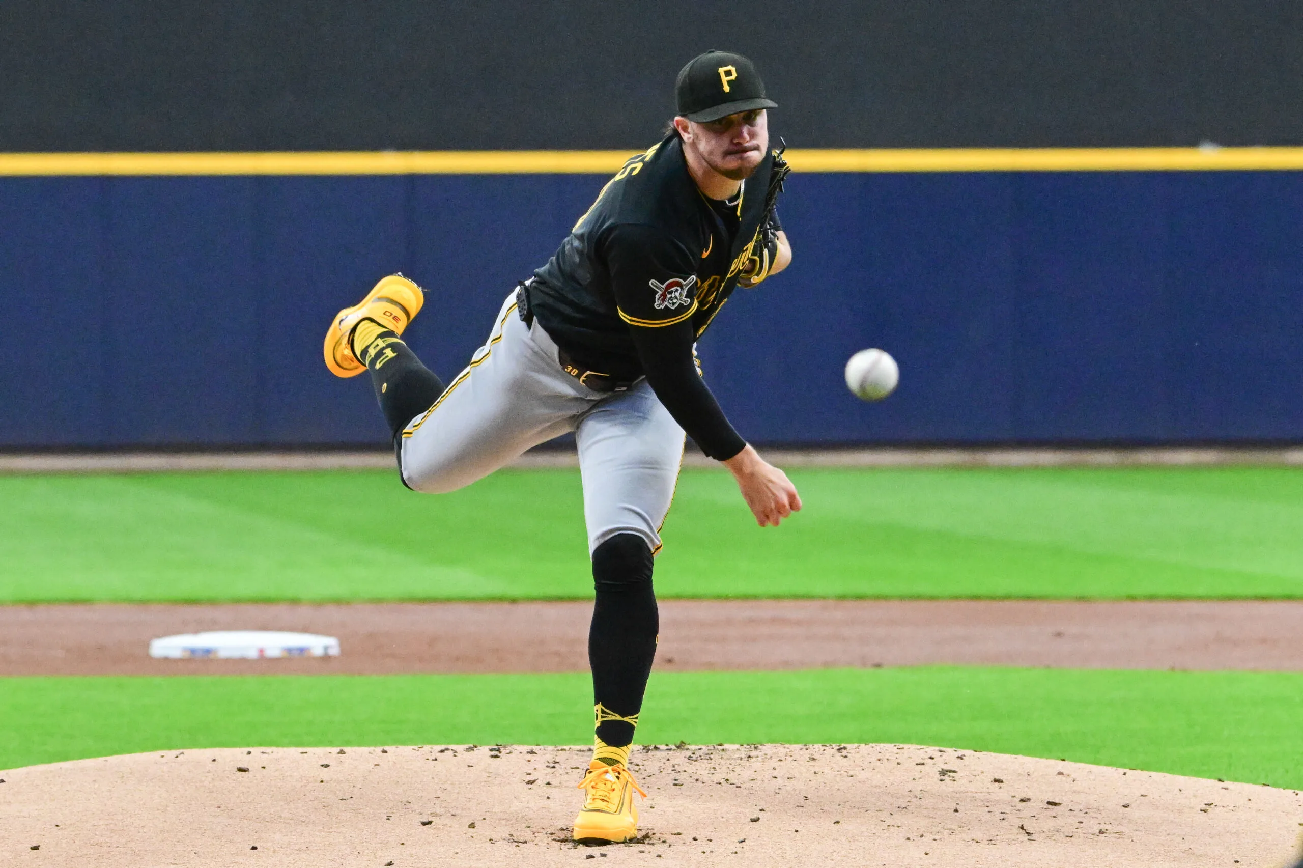 Apr 24, 2026; Milwaukee, Wisconsin, USA; Pittsburgh Pirates starting pitcher Paul Skenes (30) throws a pitch in the first inning against the Milwaukee Brewers at American Family Field. Mandatory Credit: Benny Sieu-Imagn Images