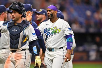 Apr 24, 2026; St. Petersburg, Florida, USA; Tampa Bay Rays infielder Yandy Diaz (2) celebrates with teammates during the ninth inning against the Minnesota Twins at Tropicana Field. Mandatory Credit: Pablo Robles-Imagn Images