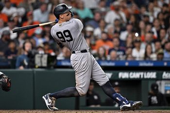 Apr 24, 2026; Houston, Texas, USA; New York Yankees right fielder Aaron Judge (99) flys out in the fifth inning against the Houston Astros at Daikin Park. Mandatory Credit: Maria Lysaker-Imagn Images