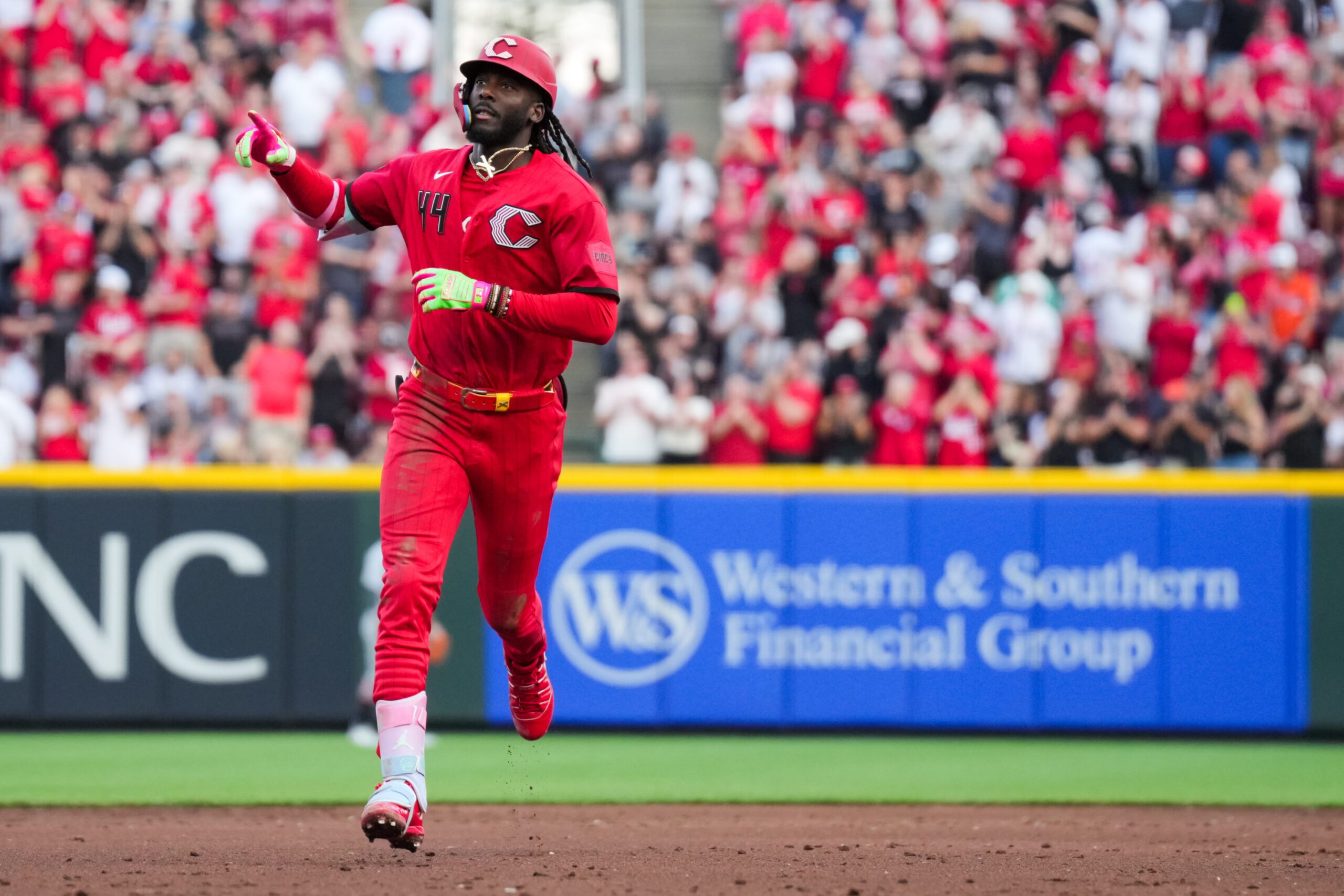 Apr 25, 2026; Cincinnati, Ohio, USA;  Cincinnati Reds shortstop Elly de la Cruz (44) runs the bases after hitting a two-run home run against the Detroit Tigers in the second inning at Great American Ball Park. Mandatory Credit: Aaron Doster-Imagn Images
