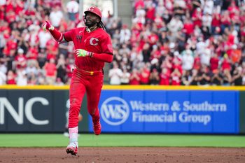 Apr 25, 2026; Cincinnati, Ohio, USA;  Cincinnati Reds shortstop Elly de la Cruz (44) runs the bases after hitting a two-run home run against the Detroit Tigers in the second inning at Great American Ball Park. Mandatory Credit: Aaron Doster-Imagn Images