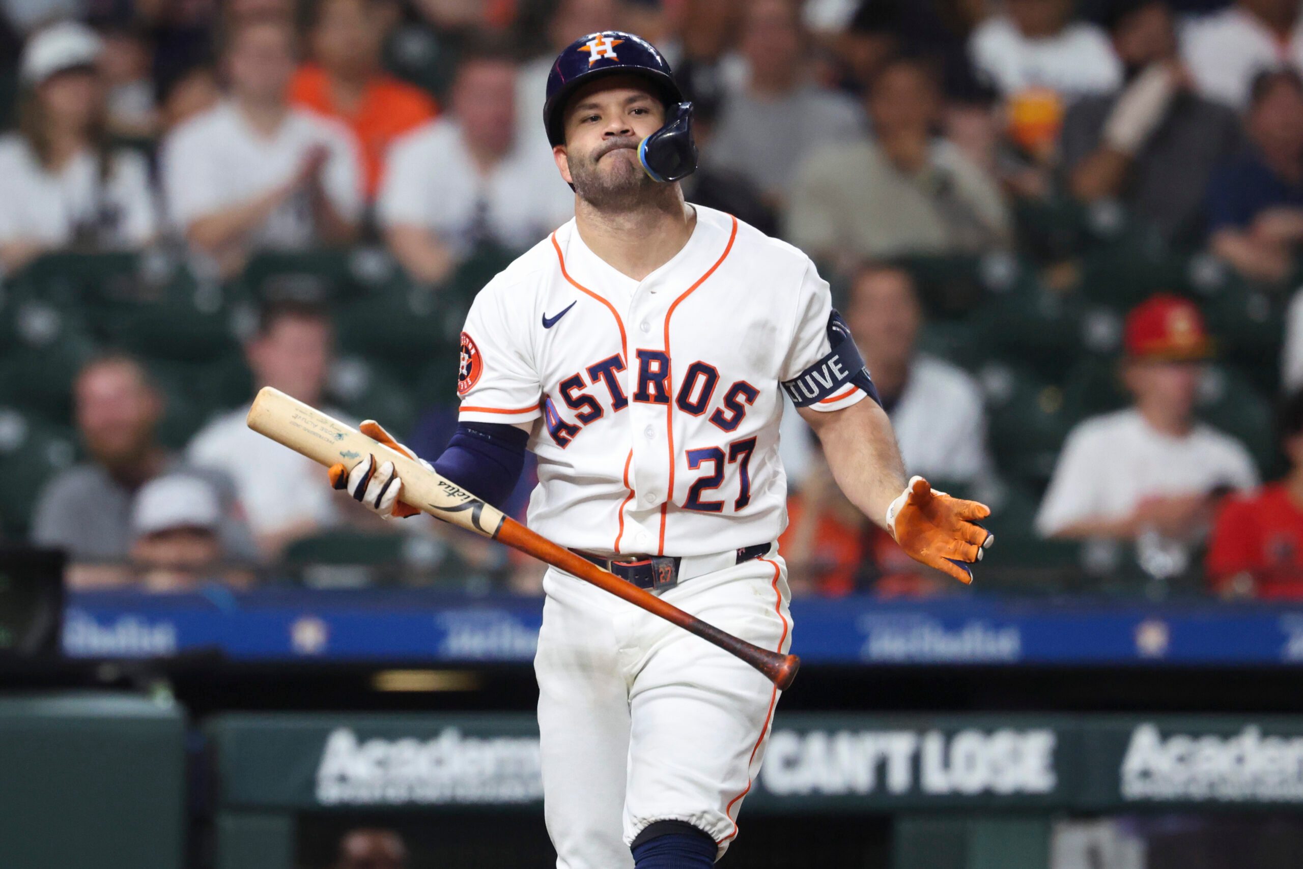 Apr 25, 2026; Houston, Texas, USA; Houston Astros second baseman Jose Altuve (27) reacts after striking out during the eighth inning against the New York Yankees at Daikin Park. Mandatory Credit: Troy Taormina-Imagn Images