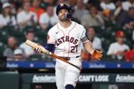 Apr 25, 2026; Houston, Texas, USA; Houston Astros second baseman Jose Altuve (27) reacts after striking out during the eighth inning against the New York Yankees at Daikin Park. Mandatory Credit: Troy Taormina-Imagn Images