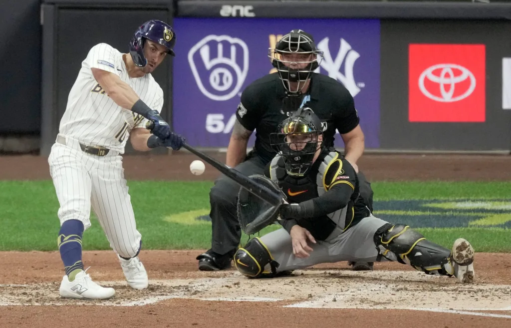 Milwaukee Brewers right fielder Sal Frelick (10) hits a sacrifice fly during the fourth inning of their game against the Pittsburgh Pirates Saturday, April 25, 2026 at American Family Field in Milwaukee, Wisconsin.