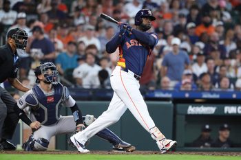 Apr 26, 2026; Houston, Texas, USA; Houston Astros designated hitter Yordan Alvarez (44) hits a double during the fifth inning against the New York Yankees at Daikin Park. Mandatory Credit: Troy Taormina-Imagn Images