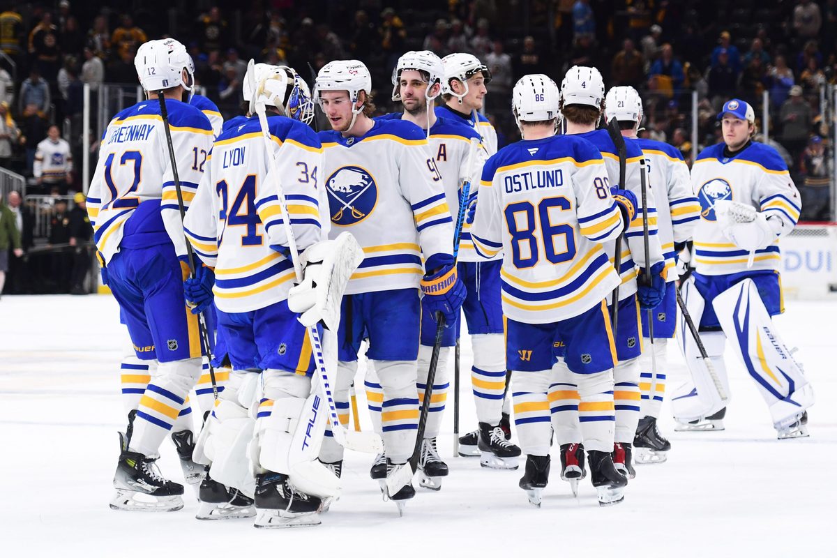 Apr 26, 2026; Boston, Massachusetts, USA; The Buffalo Sabres celebrate their win over the Boston Bruins in game four of the first round of the 2026 Stanley Cup Playoffs at TD Garden. Mandatory Credit: Bob DeChiara-Imagn Images