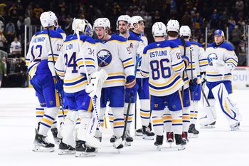 Apr 26, 2026; Boston, Massachusetts, USA; The Buffalo Sabres celebrate their win over the Boston Bruins in game four of the first round of the 2026 Stanley Cup Playoffs at TD Garden. Mandatory Credit: Bob DeChiara-Imagn Images