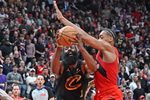 Apr 26, 2026; Toronto, Ontario, CAN;  Cleveland Cavaliers guard James Harden (1) battles for the ball with Toronto Raptors forward Scottie Barnes (4) during game four of the first round of the 2026 NBA Playoffs at Scotiabank Arena. Mandatory Credit: Dan Hamilton-Imagn Images