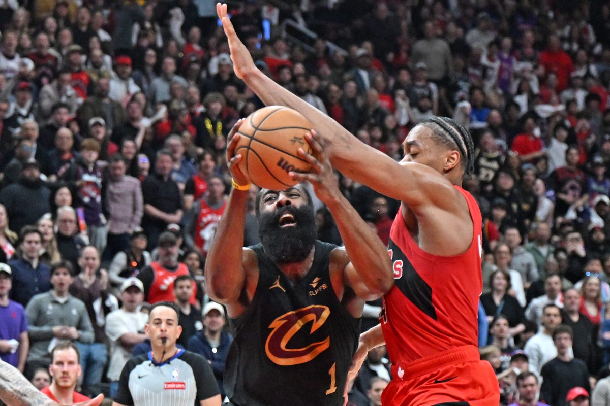 Apr 26, 2026; Toronto, Ontario, CAN; Cleveland Cavaliers guard James Harden (1) battles for the ball with Toronto Raptors forward Scottie Barnes (4) during game four of the first round of the 2026 NBA Playoffs at Scotiabank Arena. Mandatory Credit: Dan Hamilton-Imagn Images