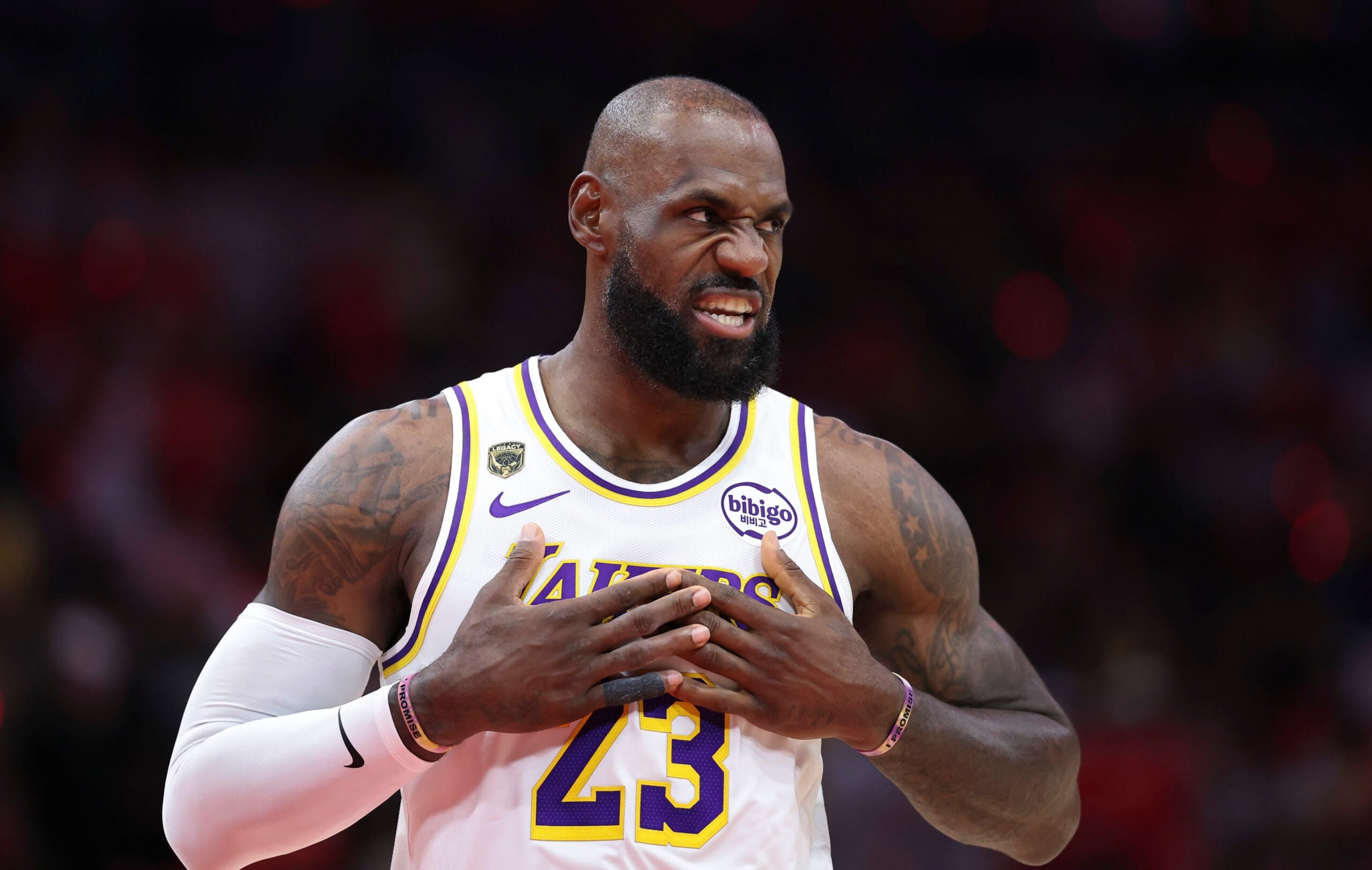 Apr 26, 2026; Houston, Texas, USA; Los Angeles Lakers forward LeBron James (23) walks on the court before the start of the game against the Houston Rockets in game four of the first round of the 2026 NBA Playoffs at Toyota Center. Mandatory Credit: Troy Taormina-Imagn Images