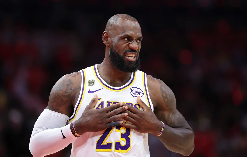 Apr 26, 2026; Houston, Texas, USA; Los Angeles Lakers forward LeBron James (23) walks on the court before the start of the game against the Houston Rockets in game four of the first round of the 2026 NBA Playoffs at Toyota Center. Mandatory Credit: Troy Taormina-Imagn Images