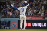 Apr 27, 2026; Los Angeles, California, USA; Los Angeles Dodgers two-way player Shohei Ohtani (17) on base after a double in the ninth inning against the Miami Marlins at Dodger Stadium. Mandatory Credit: Jayne Kamin-Oncea-Imagn Images