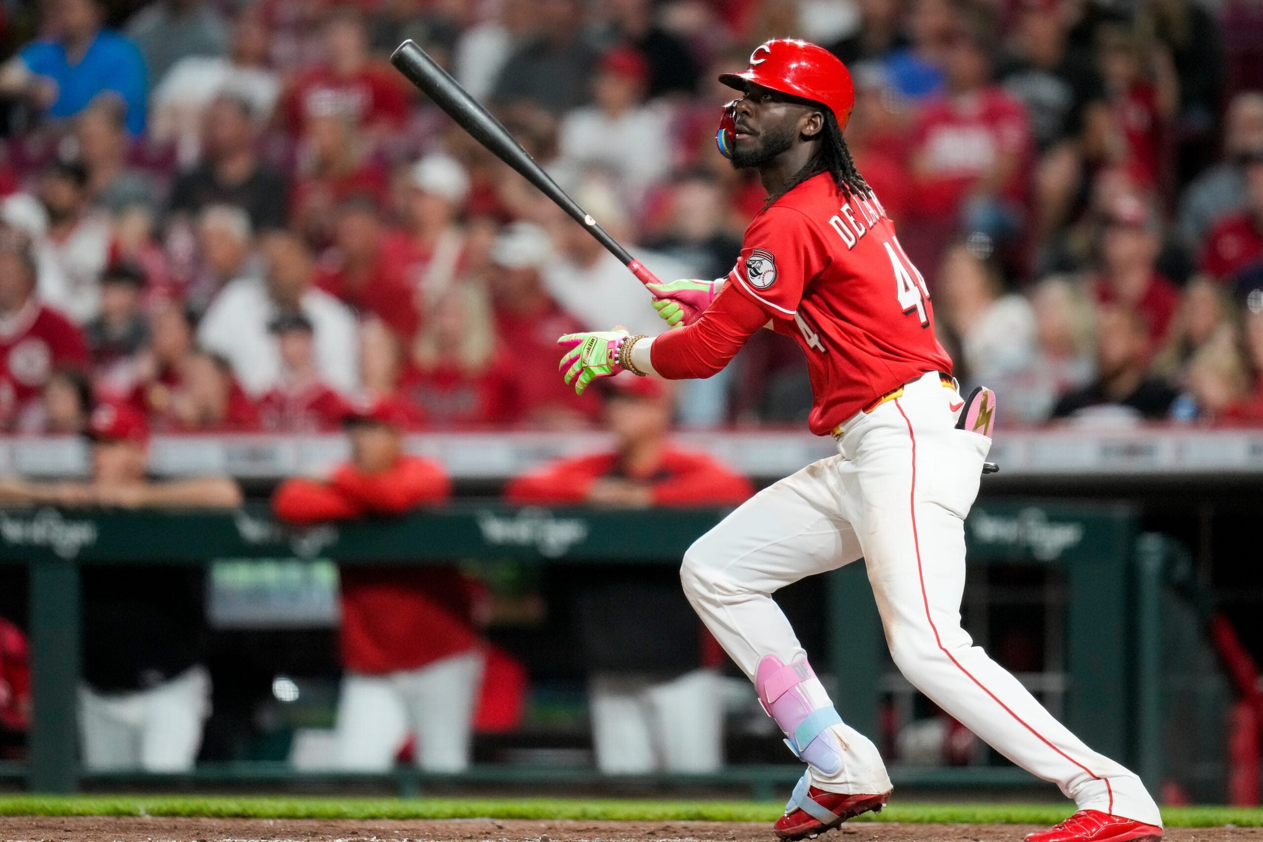 Cincinnati Reds shortstop Elly de la Cruz (44) takes off for first base on a two-run home run in the eighth inning of the MLB National League game between the Cincinnati Reds and the Colorado Rockies at Great American Ball Park in downtown Cincinnati on Tuesday, April 28, 2026. The Reds won the opening game of the series, 7-2.