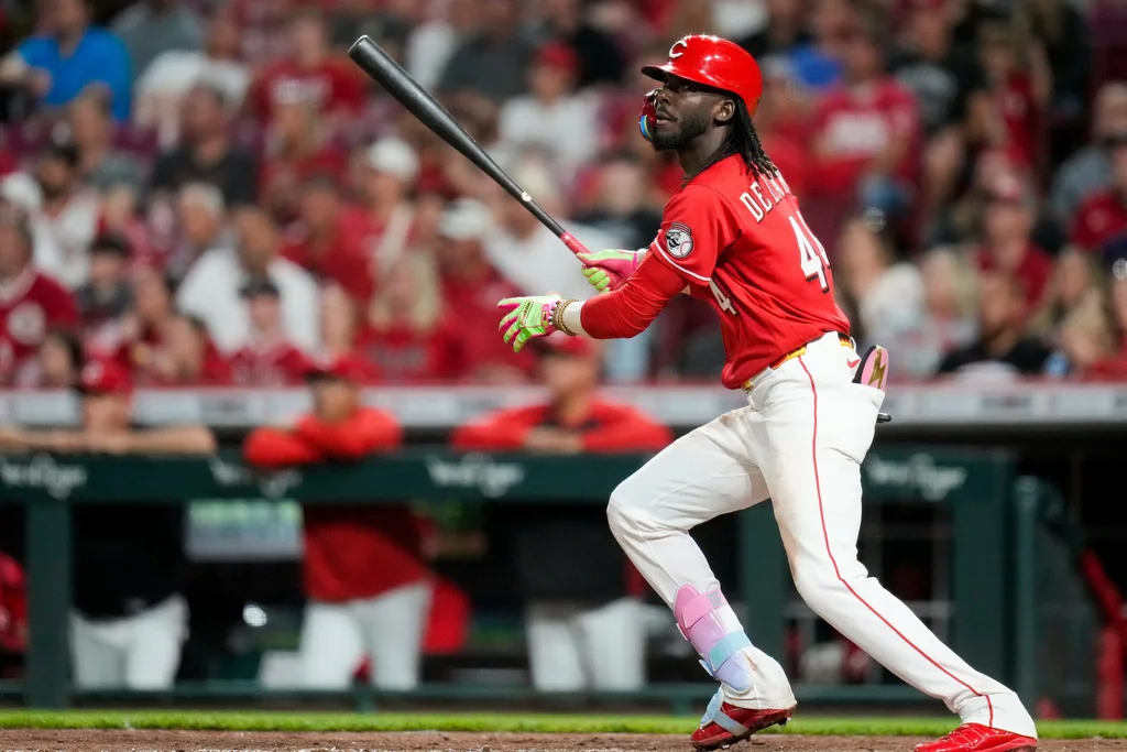 Cincinnati Reds shortstop Elly de la Cruz (44) takes off for first base on a two-run home run in the eighth inning of the MLB National League game between the Cincinnati Reds and the Colorado Rockies at Great American Ball Park in downtown Cincinnati on Tuesday, April 28, 2026. The Reds won the opening game of the series, 7-2.