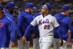 Apr 28, 2026; New York City, New York, USA;  New York Mets designated hitter Juan Soto (22) celebrates with his teammates after defeating the Washington Nationals 8-0 at Citi Field. Mandatory Credit: Wendell Cruz-Imagn Images