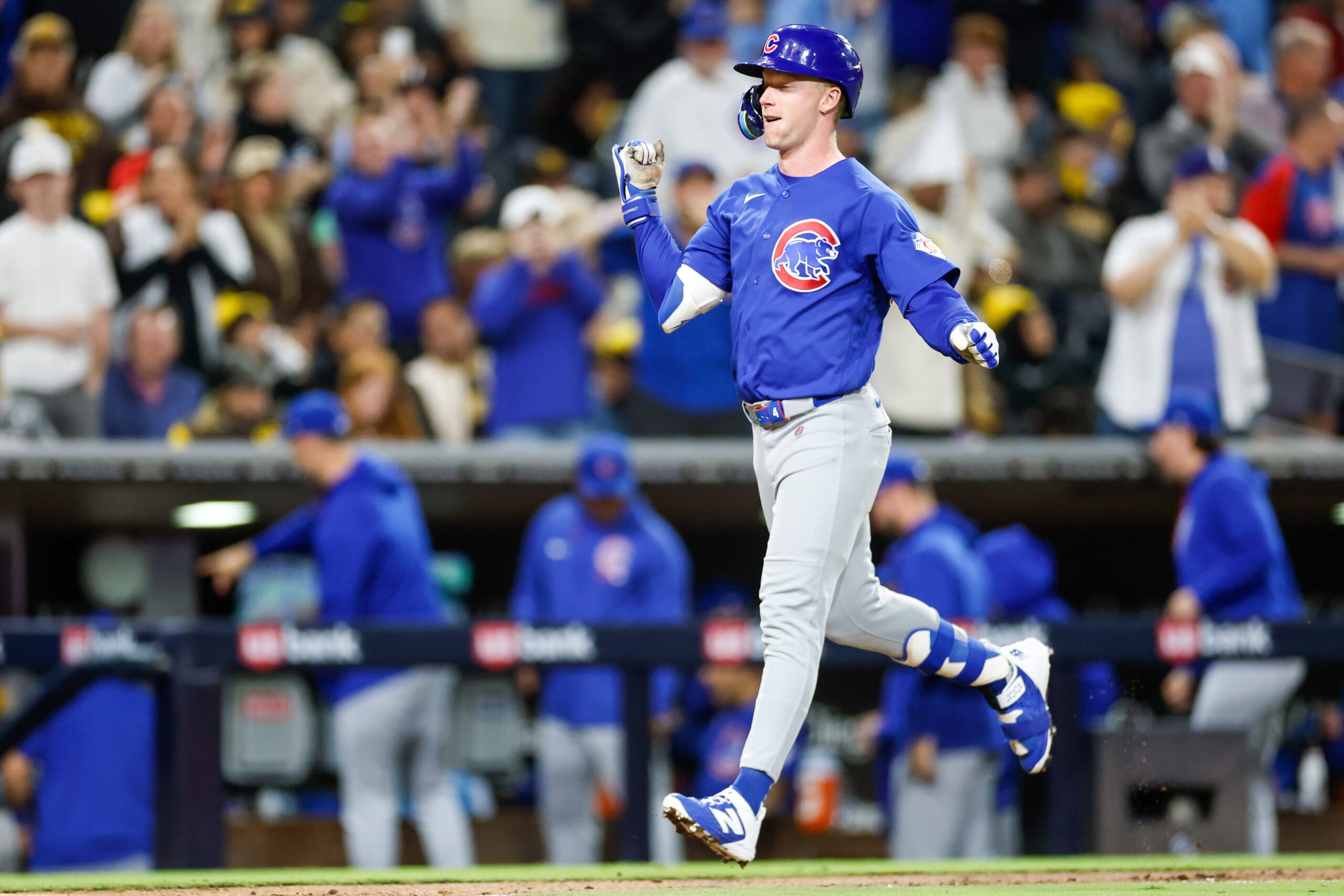 Apr 28, 2026; San Diego, California, USA; Chicago Cubs center fielder Pete Crow-Armstrong (4) celebrates after hitting a three-run home run during the seventh inning against the San Diego Padres at Petco Park. Mandatory Credit: David Frerker-Imagn Images