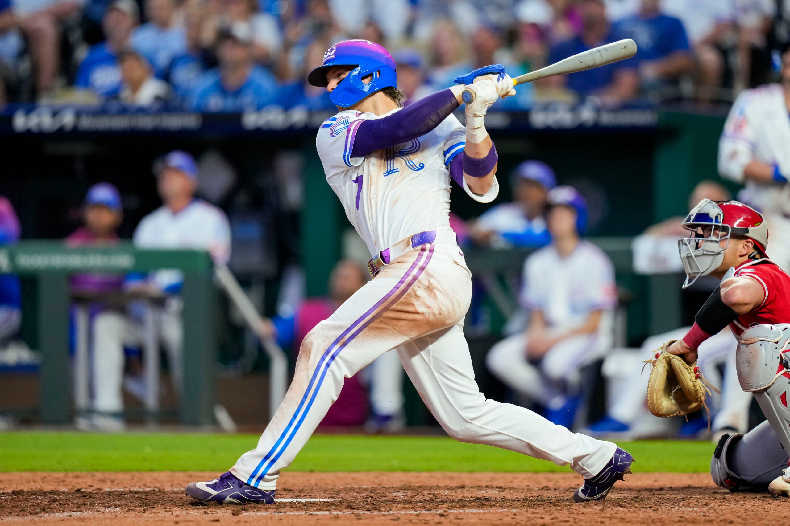 Apr 25, 2026; Kansas City, Missouri, USA; Kansas City Royals shortstop Bobby Witt Jr. (7) bats during the sixth inning against the Los Angeles Angels at Kauffman Stadium. Mandatory Credit: Jay Biggerstaff-Imagn Images