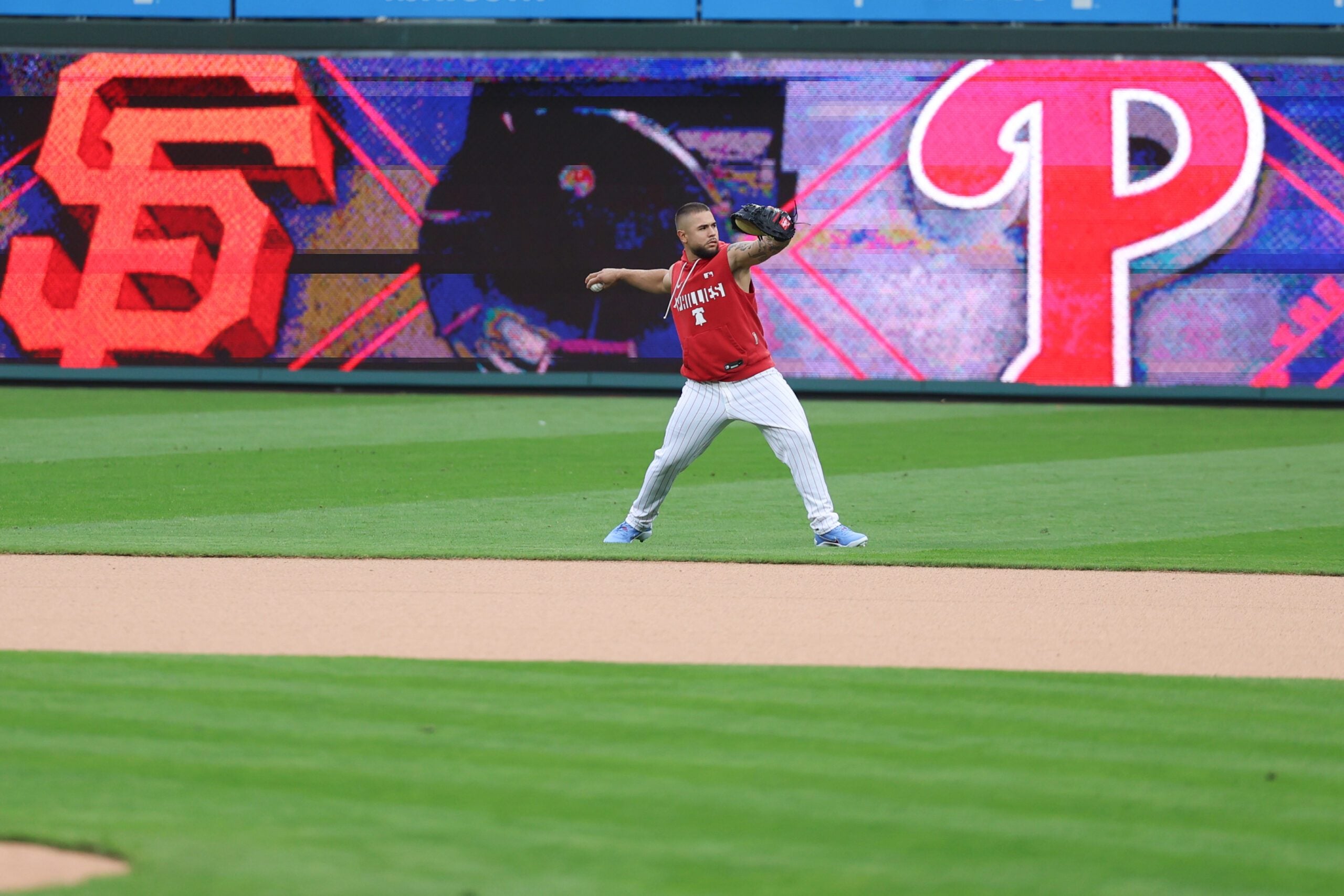 Apr 29, 2026; Philadelphia, Pennsylvania, USA; Philadelphia Phillies catcher Rafael Marchan warms up before a game against the San Francisco Giants at Citizens Bank Park. Mandatory Credit: Bill Streicher-Imagn Images