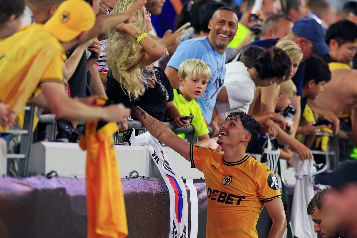 Wolverhampton Wanderers forward Rodrigo Gomes (19) greets fans after the game of The Stateside Cup soccer tournament game Saturday, July 27, 2024 at EverBank Stadium in Jacksonville, Fla. The Wolverhampton Wanderers defeated West Ham United 3-1 in exhibition play.