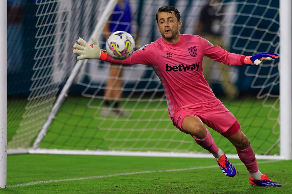 A shot on goal sails wide against West Ham United goalkeeper Łukasz Fabiański (1) during the second half of The Stateside Cup soccer tournament game Saturday, July 27, 2024 at EverBank Stadium in Jacksonville, Fla. The Wolverhampton Wanderers defeated West Ham United 3-1 in exhibition play.