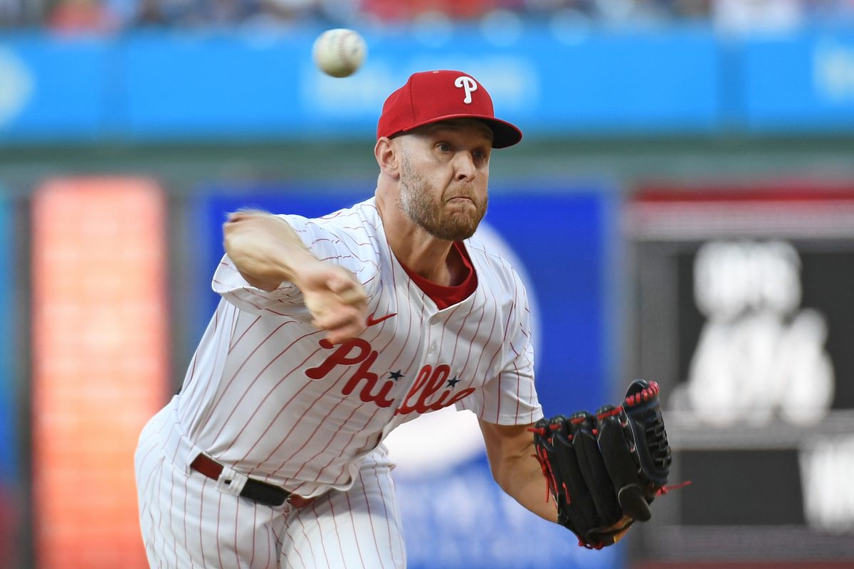 Jul 21, 2025; Philadelphia, Pennsylvania, USA; Philadelphia Phillies pitcher Zack Wheeler (45) throws a pitch during the first inning against the Boston Red Sox at Citizens Bank Park. Mandatory Credit: Eric Hartline-Imagn Images