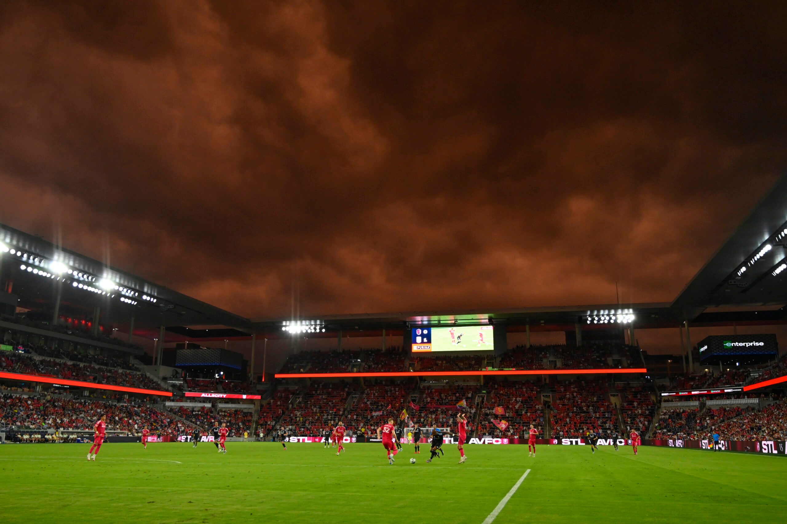 Jul 30, 2025; St. Louis, Missouri, USA; A general view of Energizer park during a match between St. Louis City and Aston Villa in the first half at Energizer Park. Mandatory Credit: Joe Puetz-Imagn Images