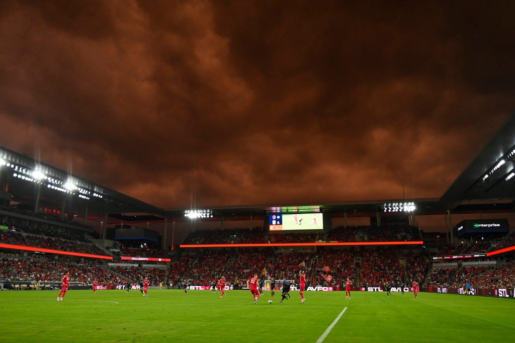 Jul 30, 2025; St. Louis, Missouri, USA; A general view of Energizer park during a match between St. Louis City and Aston Villa in the first half at Energizer Park. Mandatory Credit: Joe Puetz-Imagn Images