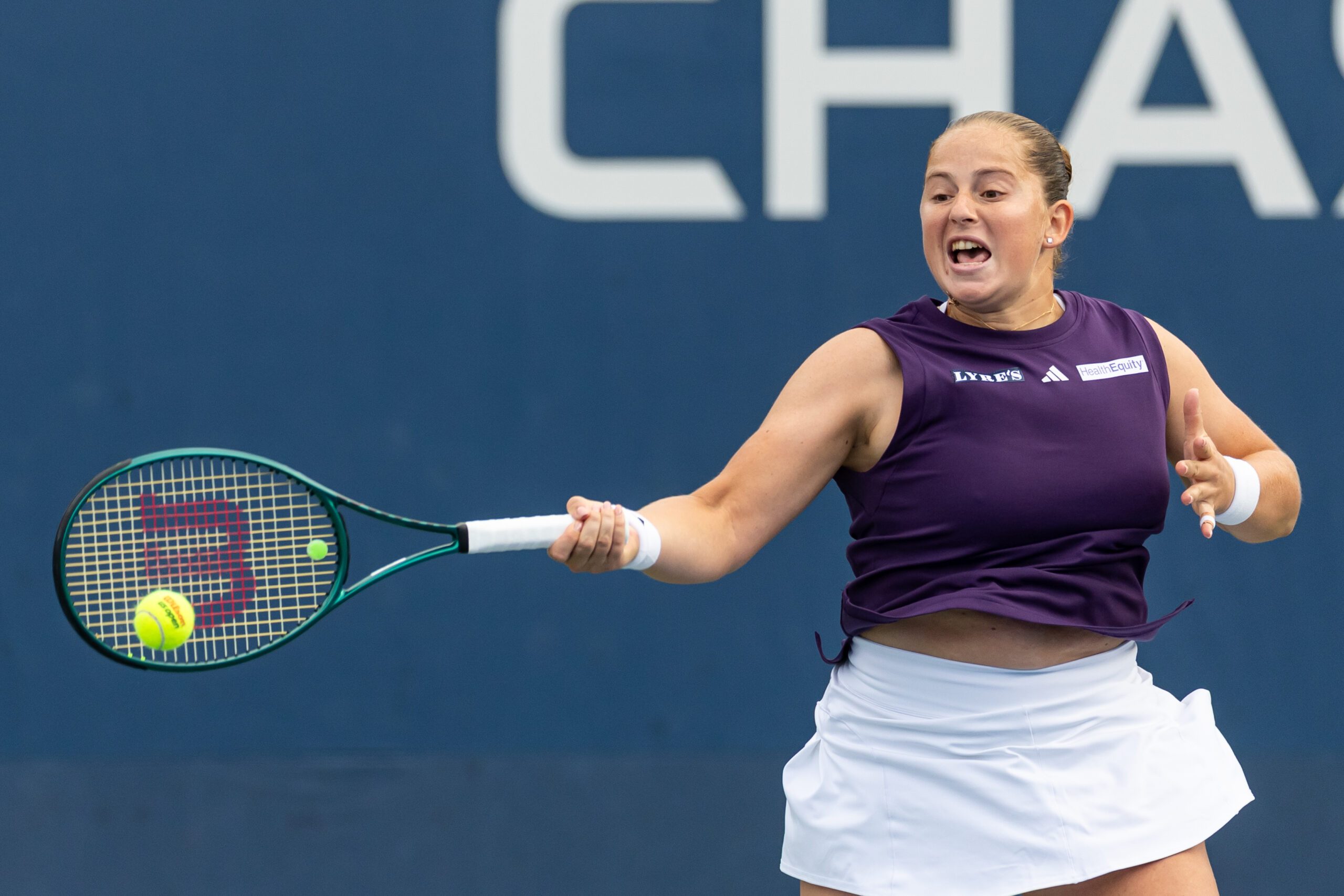 Aug 27, 2025; Flushing, NY, USA; Jelena Ostapenko of Latvia in action against Taylor Townsend of the United States in the second round of the women’s singles at the US Open at Billie Jean King National Tennis Center. Mandatory Credit: Mike Frey-Imagn Images