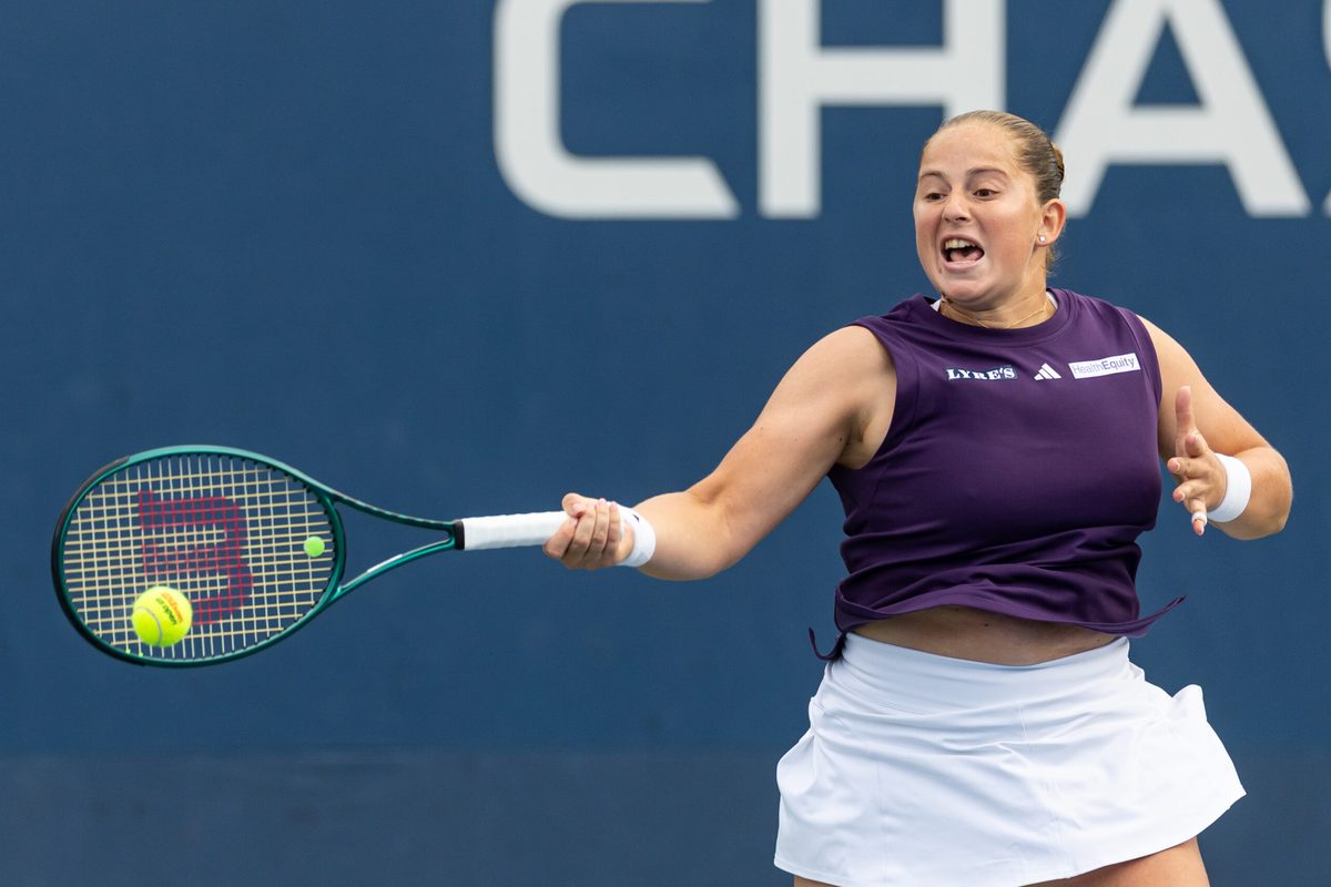 Aug 27, 2025; Flushing, NY, USA; Jelena Ostapenko of Latvia in action against Taylor Townsend of the United States in the second round of the women’s singles at the US Open at Billie Jean King National Tennis Center. Mandatory Credit: Mike Frey-Imagn Images