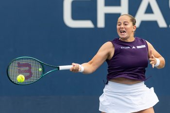 Aug 27, 2025; Flushing, NY, USA; Jelena Ostapenko of Latvia in action against Taylor Townsend of the United States in the second round of the women’s singles at the US Open at Billie Jean King National Tennis Center. Mandatory Credit: Mike Frey-Imagn Images