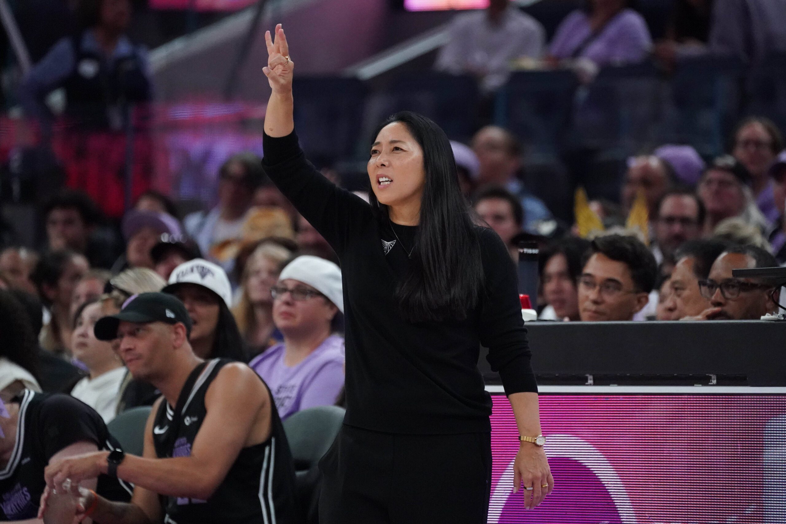 Sep 6, 2025; San Francisco, California, USA;  Golden State Valkyries head coach Natalie Nakase coaches her team against the Minnesota Lynx in the third quarter at Chase Center. Mandatory Credit: David Gonzales-Imagn Images