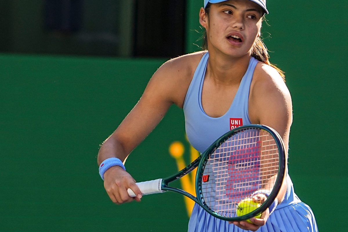 Emma Raducanu gets set to serve to Amanda Anisimova during their third-round match at the BNP Paribas Open in Indian Wells, Calif., Sunday, March 8, 2026.