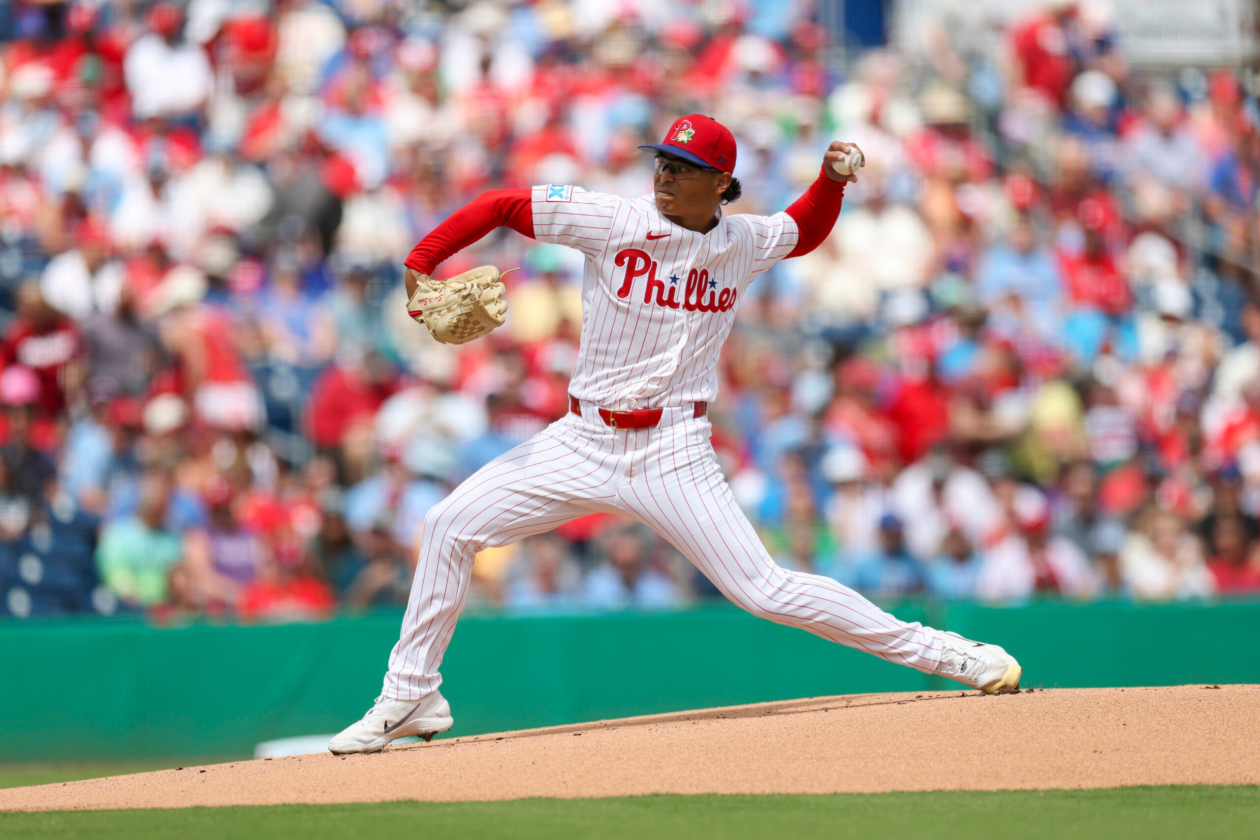 Mar 12, 2026; Clearwater, Florida, USA; Philadelphia Phillies starting pitcher Jesus Luzardo (44) throws a pitch against the Toronto Blue Jays in the first inning during spring training at BayCare Ballpark. Mandatory Credit: Nathan Ray Seebeck-Imagn Images