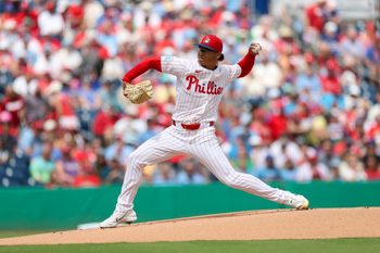 Mar 12, 2026; Clearwater, Florida, USA; Philadelphia Phillies starting pitcher Jesus Luzardo (44) throws a pitch against the Toronto Blue Jays in the first inning during spring training at BayCare Ballpark. Mandatory Credit: Nathan Ray Seebeck-Imagn Images